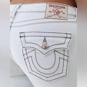 TRUE RELIGION White HI-RISE BOOT Gray Heavy Stitch FLAP PKT Flare Jean Sz 30